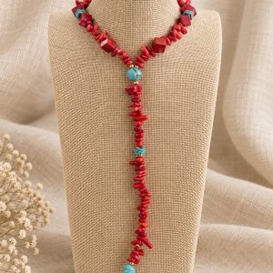 Collar Largo de Coral Rojo y Turquesa