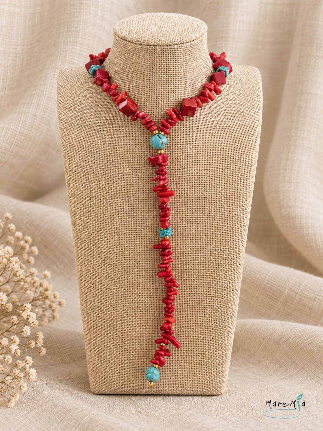 Collar Largo de Coral Rojo y Turquesa