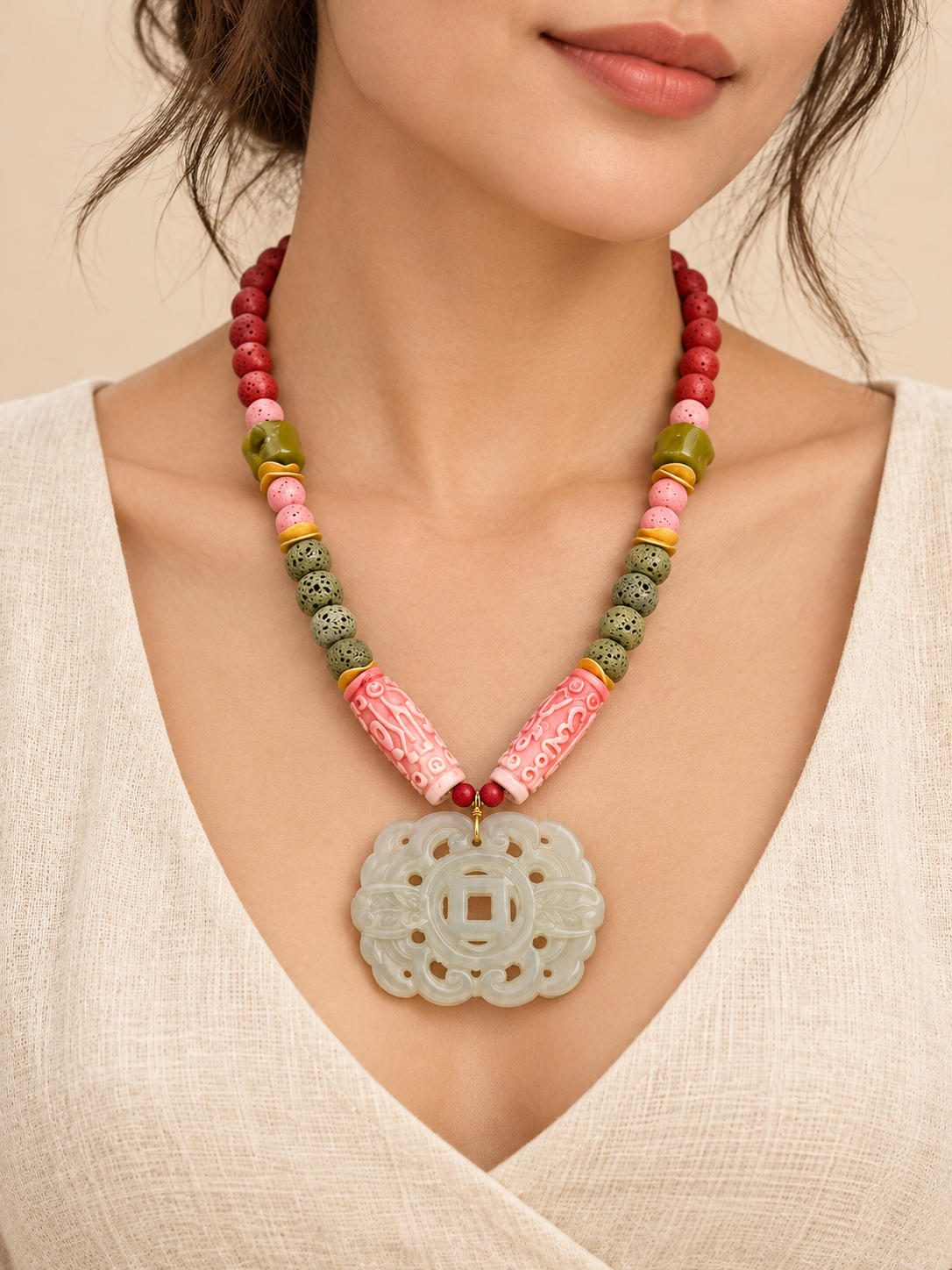 Collar Jade Con Piedras Naturales Coral/Verde Oliva. - Imagen 2