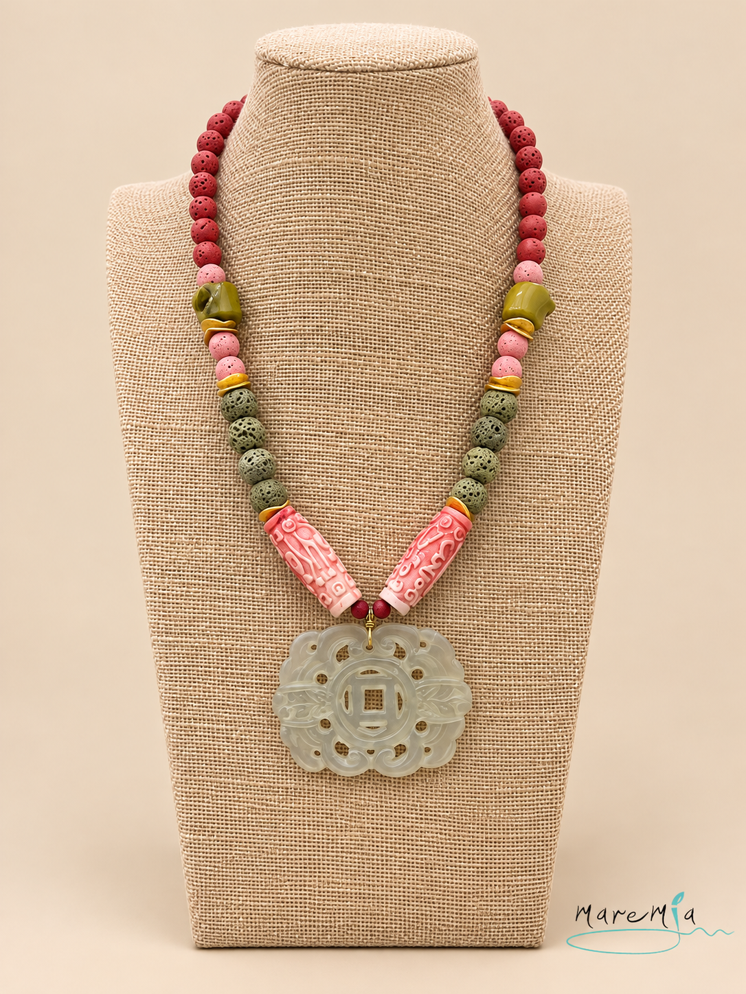 Collar Jade Con Piedras Naturales Coral/Verde Oliva.